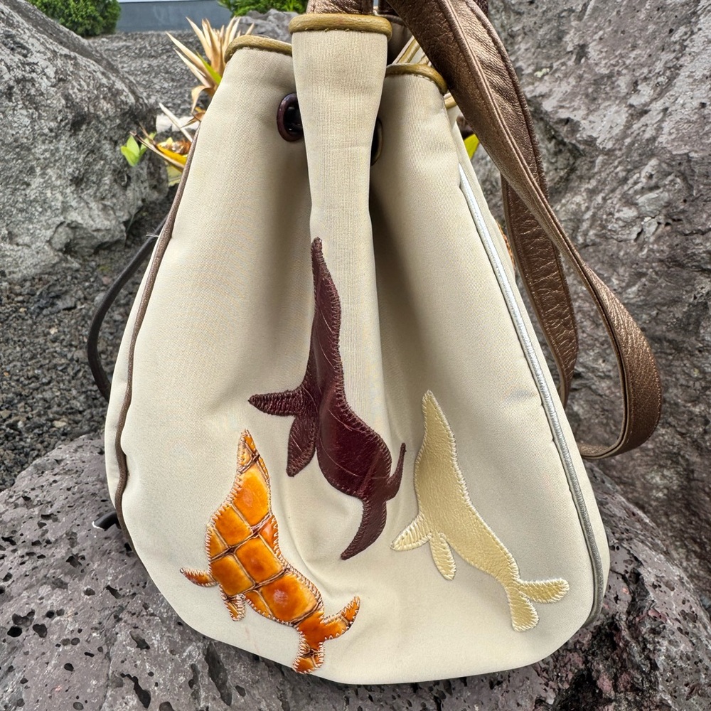 Sharif Vintage Made in USA Drawstring Bucket Bag Tropical Appliqué - Picture 6 of 16